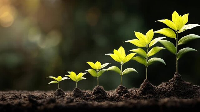 Seedling are growing from soil with growth comparative year 2019 to 2026. Concept of business growth, profit, agriculture, development and success graph