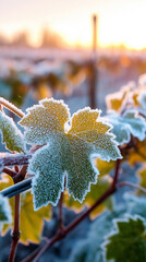 Fototapeta premium Close-up of a vine leaf covered in frost during a cold sunrise. 