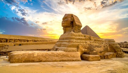 Golden sunlight bathes the Sphinx and a pyramid on the horizon, under a dramatically cloudy sky