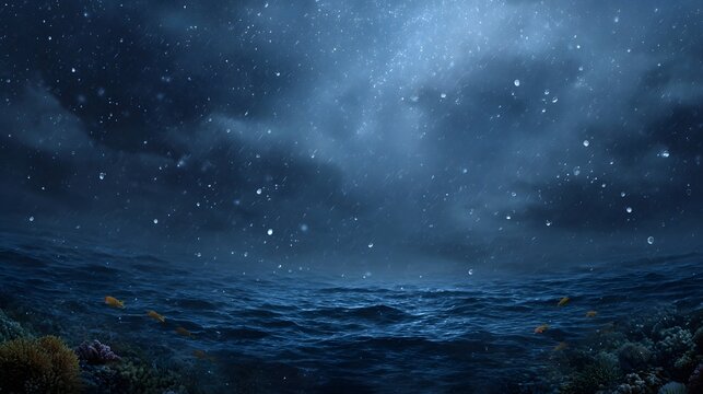 Underwater coral reef and fish beneath a stormy rain streaked night sky with stars