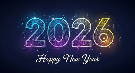 Happy new year 2026 greeting card with glowing futuristic numbers