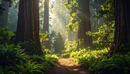 Sunbeams stream through a lush forest, illuminating ferns and a path winding between giant trees