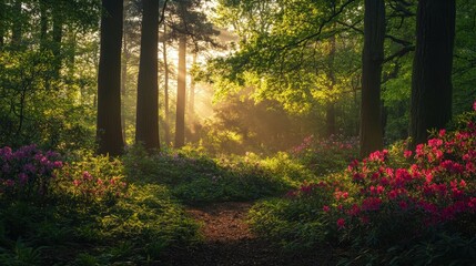 Serene woodland path illuminated by morning light and blooming flowers, perfect for nature lovers and peaceful retreats.