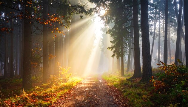 Sunlight streams through trees, illuminating a path covered in fallen leaves in a serene forest scene