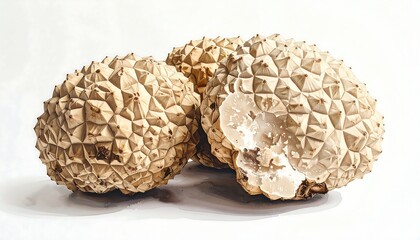 Trio of rough, textured, spiky fruits, tan in color, against a plain white backdrop, with soft light and shadows