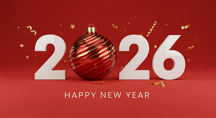 Happy new year 2026 greeting card with red bauble on red background