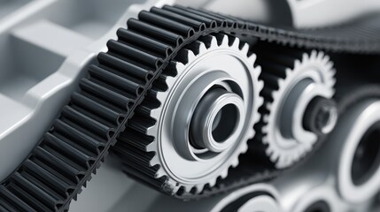 Close-up of machinery gears and belts showing intricate details.