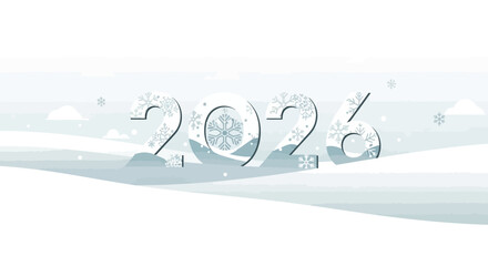 Celebrate the upcoming year with a modern, festive winter theme featuring the number 2026 adorned with elegant snowflakes and soft, snowy landscapes