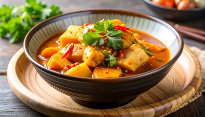 Warm, savory stew with chunks of vegetables and chili peppers, garnished with parsley, on a wooden surface
