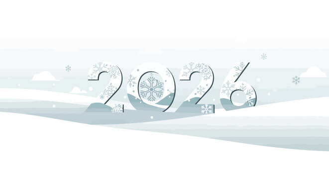 Celebrate the upcoming year with a modern, festive winter theme featuring the number 2026 adorned with elegant snowflakes and soft, snowy landscapes