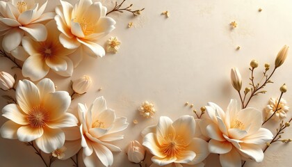 Cream gold flowers bloom on light beige. Elegant floral design features gentle petals, buds, branches. Soft aesthetic creates luxurious nature composition. Beautiful botanical pattern provides serene