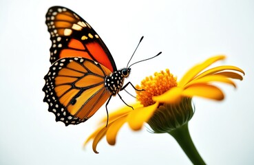 Naklejka premium Orange monarch butterfly alights on vibrant yellow arnica flower bloom. Beautiful insect gathers nectar from blossoming plant in bright outdoor natural setting. Close-up view delicate wings,
