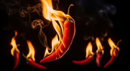 Pimientos de chile rojos ardiendo en llamas, fuego dramático sobre un fondo negro, póster, fondo, para publicidad de alimentos.