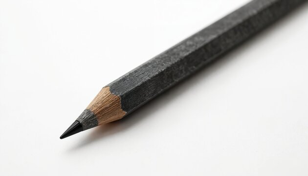 Close up of used graphite drawing pencil with sharp tip resting on clean white surface. Dark wood writing instrument education school art learning study work office business creative thought concept