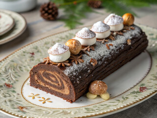 Slice of Traditional B&ucirc;che de No&euml;l Yule Log Cake
