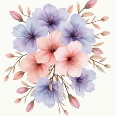 Fototapeta premium Pastel toned floral bouquet with pink and purple blossoms. Delicate petals and leaves arranged on pale background. Elegant botanical art suitable for decor and invitations.