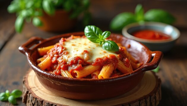Hot baked ziti pasta dish in rustic clay bowl, covered with melted cheese and tomato sauce. Garnished with fresh basil leaves, served on wooden table with small dish of sauce.