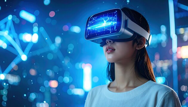 Woman with VR headset immersed in a blue digital cityscape