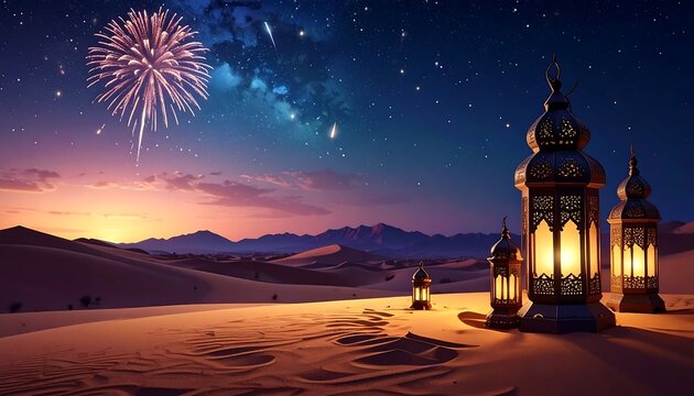 Lanterns glow warmly in the desert, under a night sky filled with stars and distant fireworks