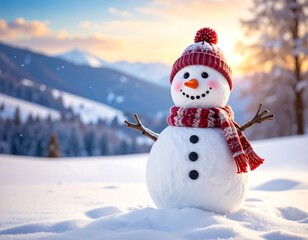 Obraz premium A cheerful snowman, wearing a winter hat and scarf, stands in a snowy landscape with mountains and a sunset in the background