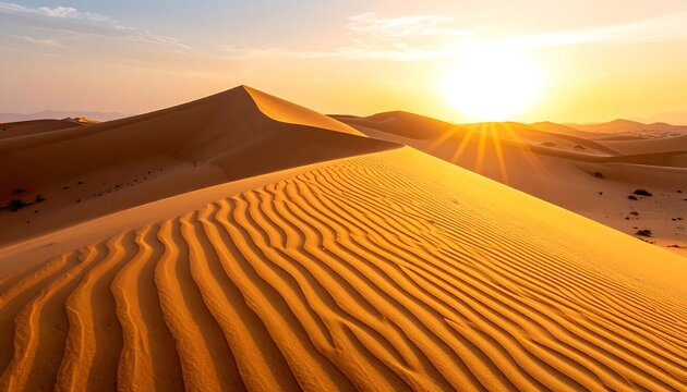 Sunlit ripples on desert dunes under a bright, warm sky