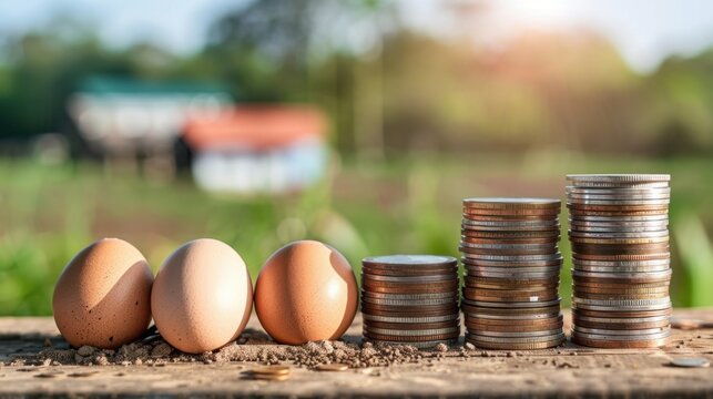 Brown eggs and stacks of coins on a wooden surface. The background features a blurred farm landscape with greenery and a building.
