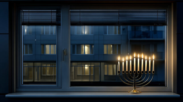 A glowing Menorah with all eight candles burning brightly on a windowsill, viewed from outside a modern home on a cold, dark winter night, hyperrealistic