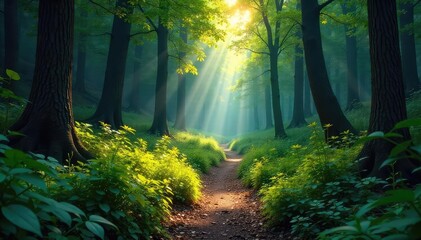 Fototapeta premium A solitary, winding trail disappears into a dense, overgrown forest, sunlight dappling the leaves above Mystery and adventure await the intrepid explorer , remote, vibrant, solitude