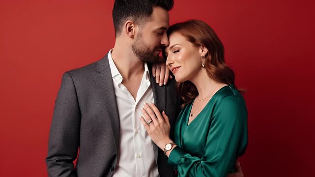 A stylish and elegant couple poses intimately against a vivid red background, radiating warmth, affection, and happiness. The man, impeccably dressed in a dark suit jacket and a crisp open-collared wh