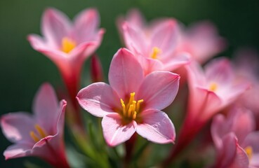 Delicate pink Oenothera flowers bloom close up. Yellow stamens and soft petals create a beautiful natural garden background. Floral plant life in soft focus.