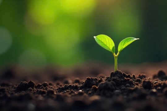 A tiny seedling sprouts from the earth, its delicate leaves unfurling, casting a small shadow ? a visual metaphor for environmental impact and new beginnings , future, small