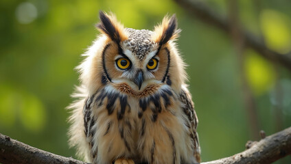 Fototapeta premium Close-up portrait of a brown owl perched on a tree branch. This avian predator has large yellow eyes and feathered ear tufts. Owl sits alertly in sunlit forest. Bird looks forward.