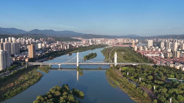 Baoji Union Bridge Aerial View - Wei River and City Skyline