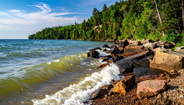 Waves crash on a rocky shoreline under a sunny sky, backed by a lush forest