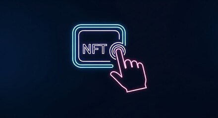Explore exciting NFT art with futuristic neon finger pointing to collection, showcasing digital assets and blockchain investment opportunities online now
