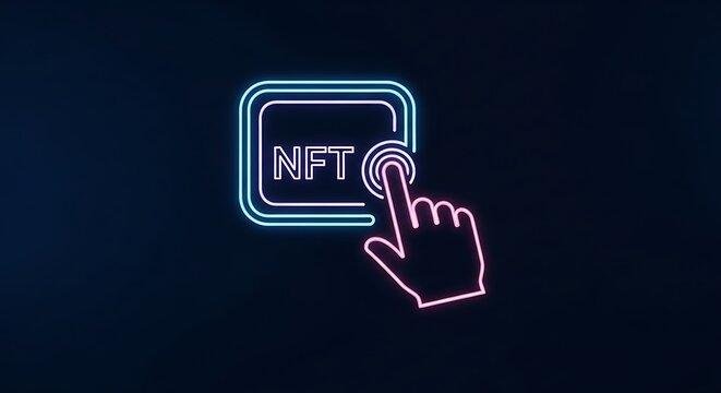 Explore exciting NFT art with futuristic neon finger pointing to collection, showcasing digital assets and blockchain investment opportunities online now