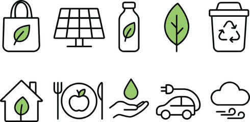 Eco-friendly icon set featuring renewable energy recycling and sustainable living perfect for environmental awareness campaigns and green initiatives