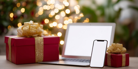 Laptop and phone with white screens against a background of gift boxes and Christmas trees. Christmas online shopping. 