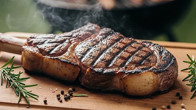 A succulent, perfectly grilled bone-in steak, glistening with juices and showing distinct char marks, rests on a rustic wooden board. Wisps of steam rise from the hot meat, signaling its freshness and
