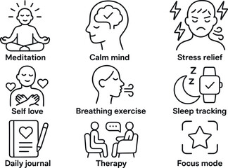 Set of mental wellness icons including meditation therapy and sleep tracking simple line vector design for apps and websites background