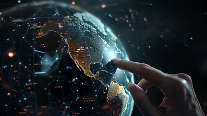 Futuristic concept showing a digital Earth hologram with a human hand interacting with a glowing world map representing global technology. - Powered by Adobe