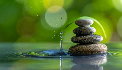 Stacked stones in water ripple, with a leaf overhead and a blurred green background, implying peace and balance
