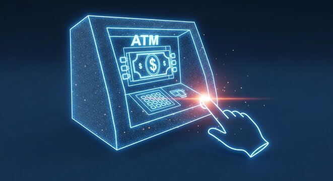 Futuristic ATM concept with glowing neon design showcasing online banking solutions and contactless payment access with digital security features