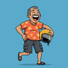 Cheerful cartoon senior man in a Hawaiian shirt and shorts, running happily while holding a helmet.