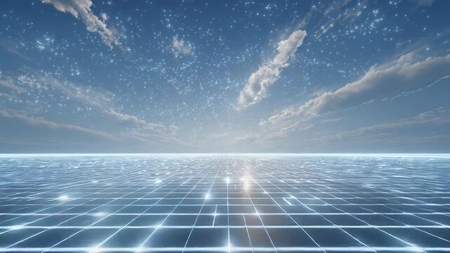 Digital grid surface under a glowing starry sky - Powered by Adobe