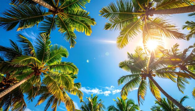View from below of tall palm trees, with a sunny, bright, cloudless blue sky as the background - Powered by Adobe