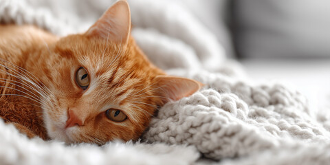 Relaxed orange cat lying on a soft knitted blanket in a cozy home setting