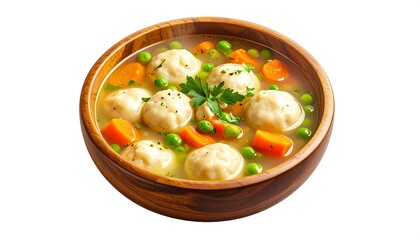 Wooden bowl containing soup with dumplings, peas, carrots, and parsley, isolated on a white background