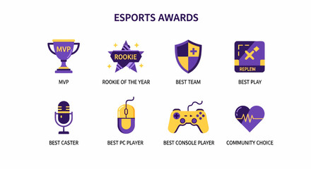 A graphic listing eight esports awards with corresponding purple and yellow icons