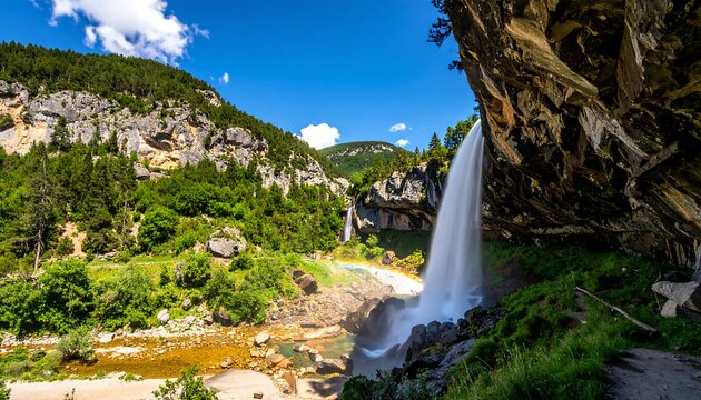 Waterfall cascades over rocks, creating a rainbow mist in a mountain landscape on a bright sunny day - Powered by Adobe